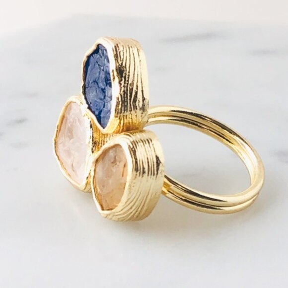 Gold Plated Rose Quartz Citrine Tanzanite Triple Stone Statement Ring - Picture 3 of 11